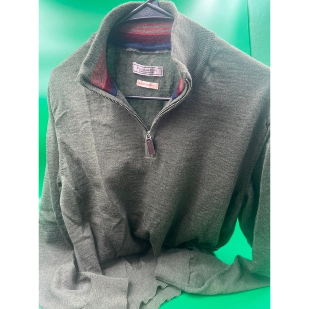 Williams & Kent Sweater Men Medium Green Merino Wool Quarter Zip Made in Italy